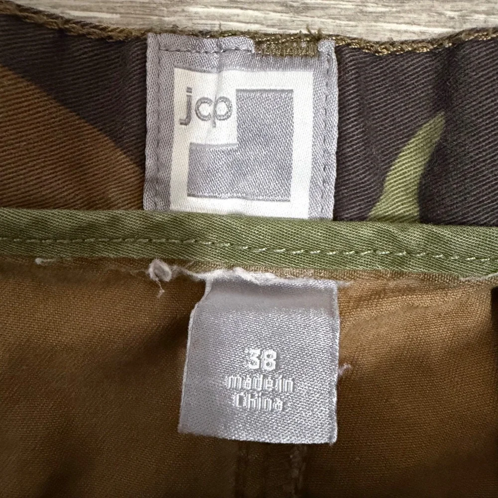 JCP Mens Woodland Camo Cargo Shorts Size 38 Green Brown 100% Cotton Tactical